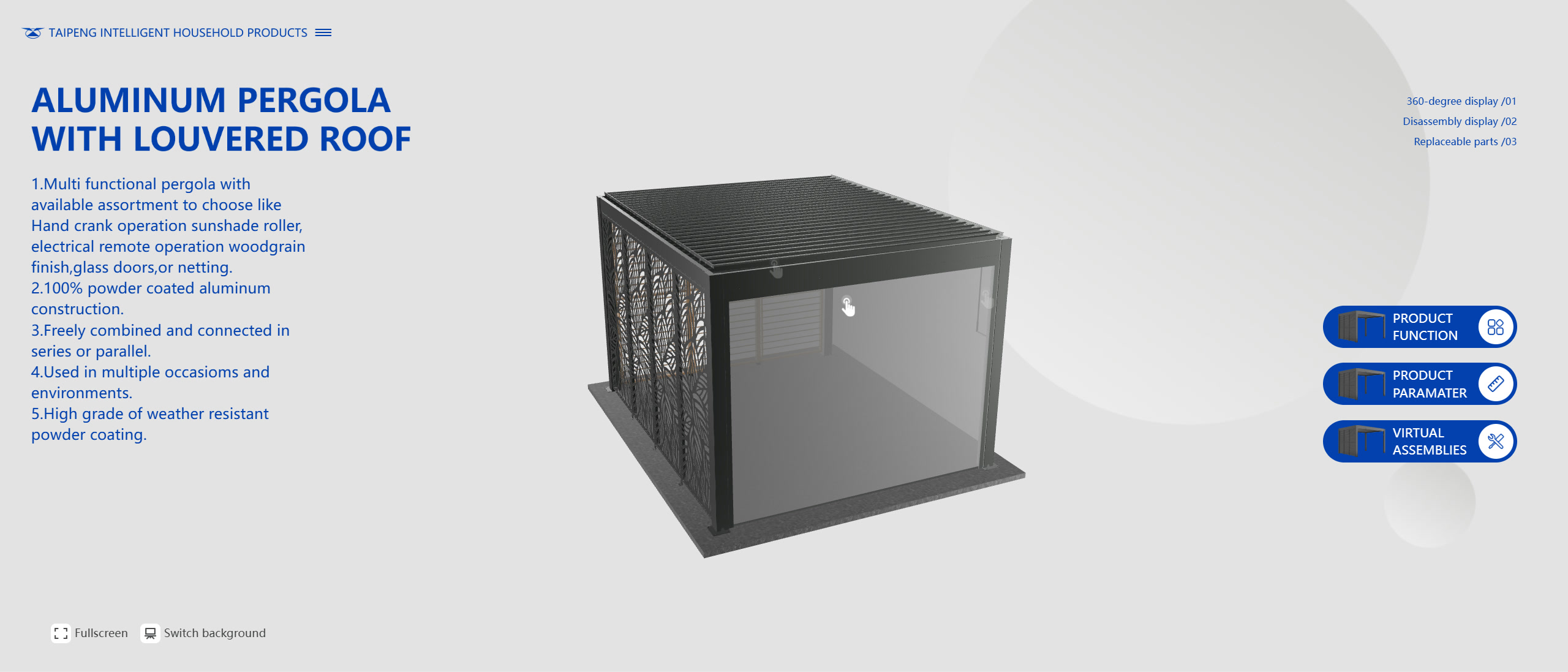 Aluminum louvered-roof pergola shown in an interactive 3D product manual