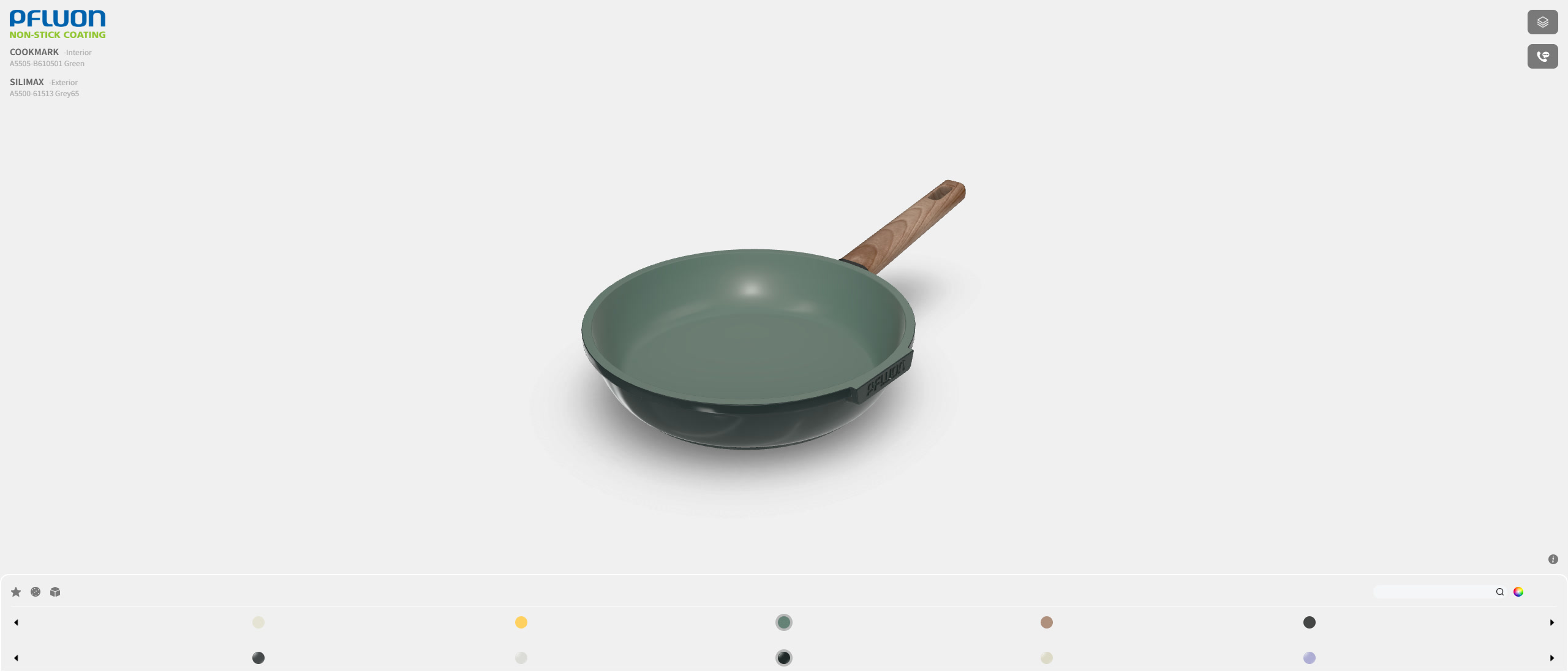 Cookware shown in an interactive 3D color selector with coating color bars