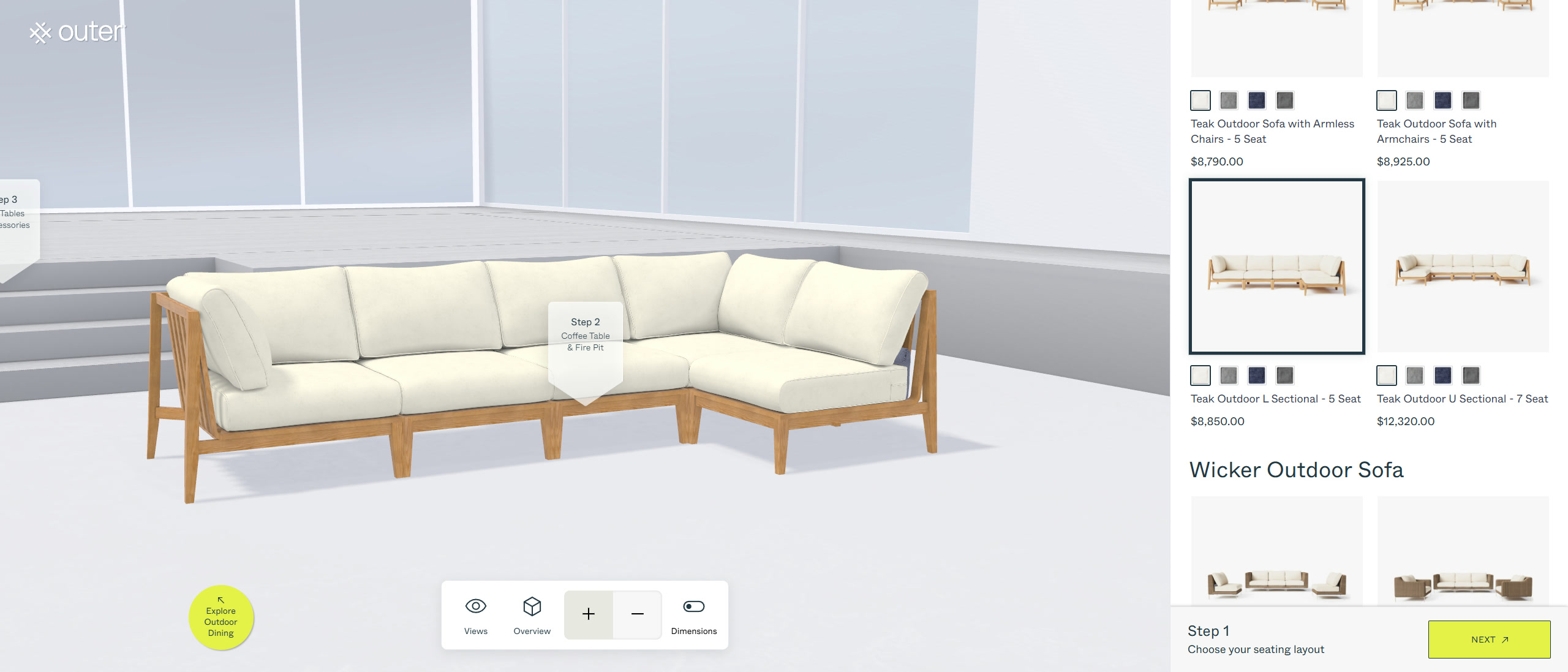 Outdoor modular seating arranged in an interactive 3D configurator scene